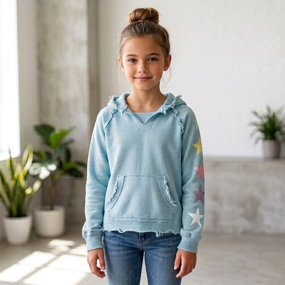 PLAY6 Star Graphic Hoodie Kids Size 8 Blue Excellent Distressed Pullover